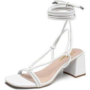 Women's 3-inch white chunky heel sandals ankle straps and square heel size 8